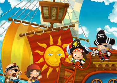 çocuklar için deniz - güvertede korsanlar - illüstrasyon yoluyla yelken korsan gemisi ile çizgi film sahne