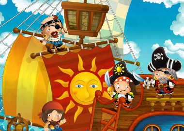 çocuklar için deniz - güvertede korsanlar - illüstrasyon yoluyla yelken korsan gemisi ile çizgi film sahne