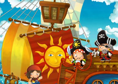 çocuklar için deniz - güvertede korsanlar - illüstrasyon yoluyla yelken korsan gemisi ile çizgi film sahne