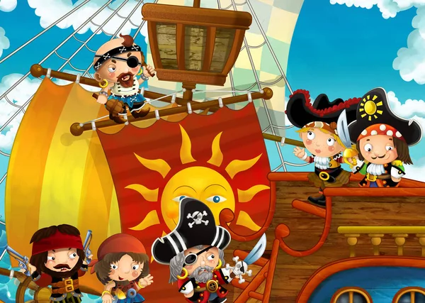 Cartoon Scène Met Piratenschip Zeilen Door Zee Piraten Het Dek — Stockfoto