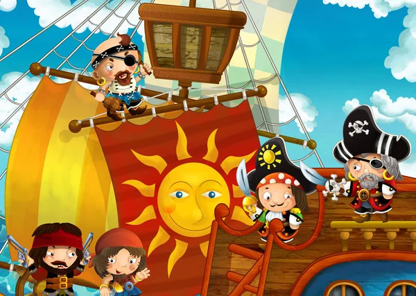 Kreslený Scény Pirátskou Lodí Plující Přes Moře Piráti Palubě Ilustrace — Stock fotografie