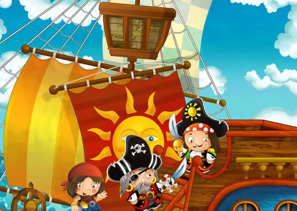 Kreslený Scény Pirátskou Lodí Plující Přes Moře Piráti Palubě Ilustrace — Stock fotografie