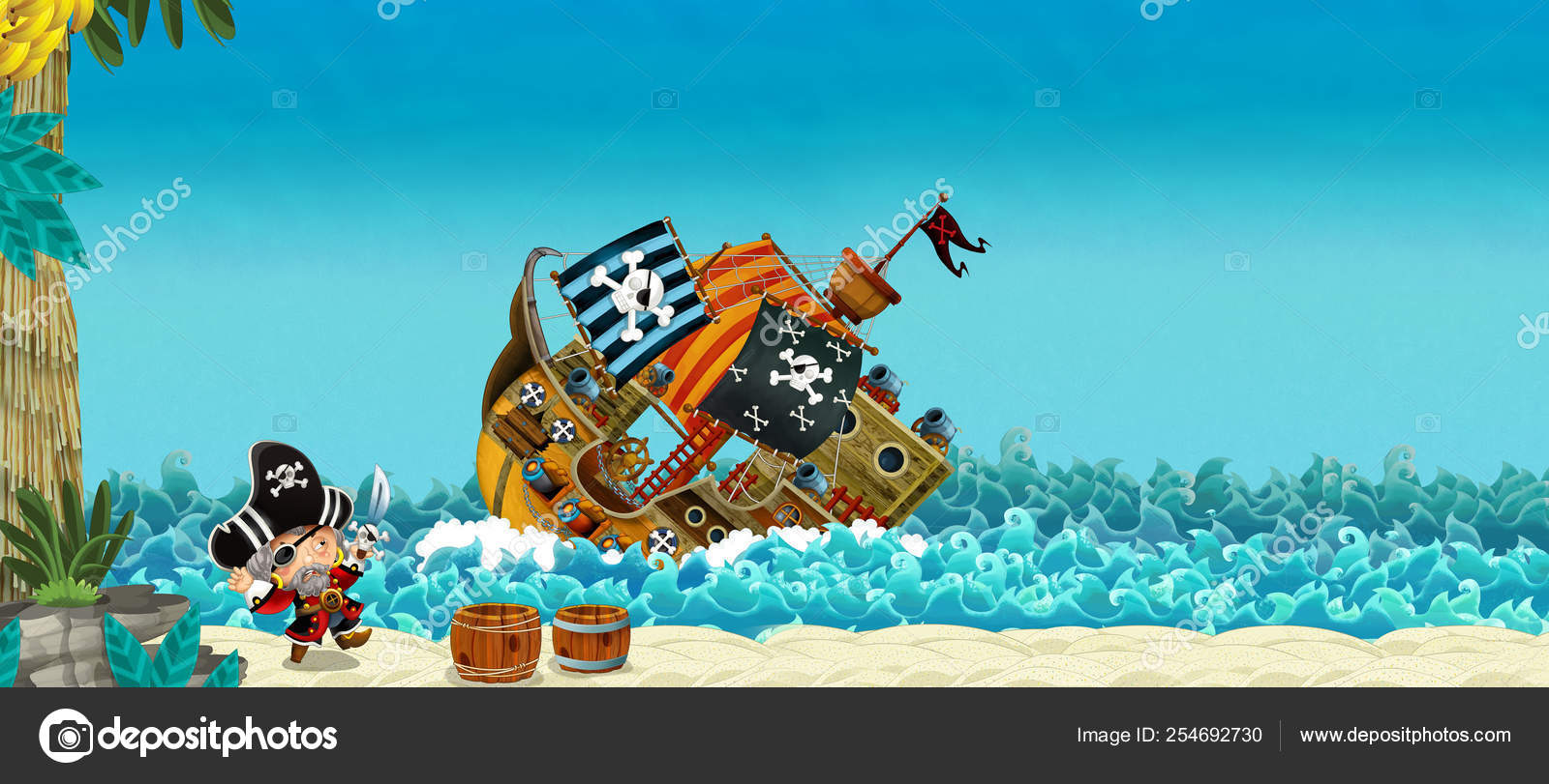 Cartoon Scene Pirates Sea Battle Sinking Ship Illustration