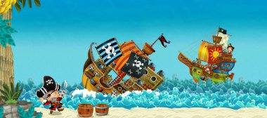 Korsanlar deniz savaş - illüstrasyon çocuklar için çizgi film sahne