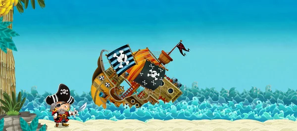 Escena Dibujos Animados Con Piratas Batalla Marítima Con Barco Que —  Fotos de Stock
