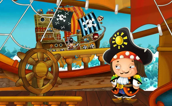 cartoon scene with pirate ship sailing through the sea - pirate on the deck - illustration for children