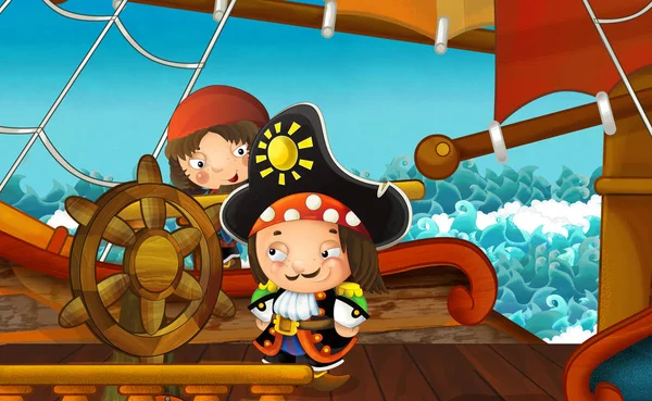 Kreslená Scéna Pirátskou Lodí Plachtění Námořními Piráty Palubě Ilustrace Pro — Stock fotografie