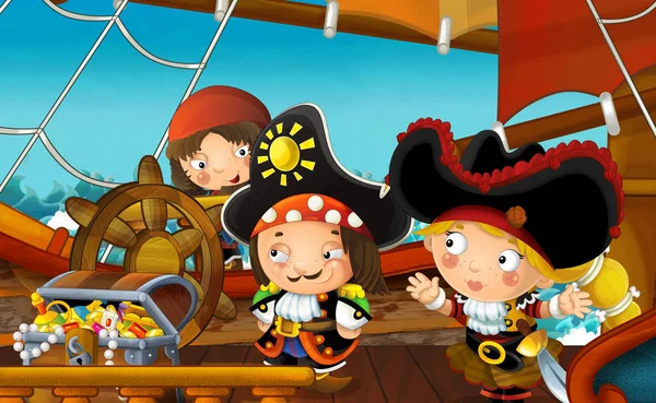 Kreslená Scéna Pirátskou Lodí Plachtění Námořními Piráty Palubě Ilustrace Pro — Stock fotografie