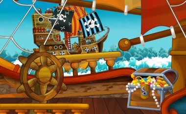 karikatür sahne ile korsan gemisi yelken deniz-sahne güverte-çocuklar için Illustration