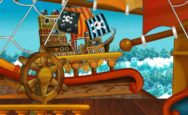 cartoon scene with pirate ship sailing through the sea -scene of the deck - illustration for children
