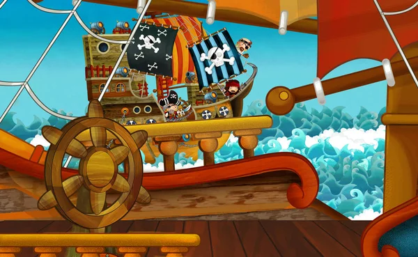 Cartoon Scene Pirate Ship Sailing Sea Scene Deck Illustration Children — Stock Photo, Image