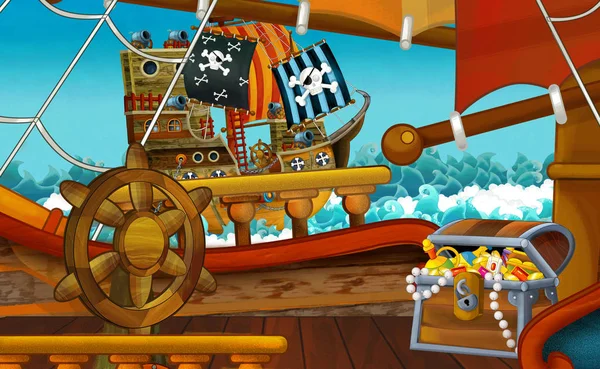 karikatür sahne ile korsan gemisi yelken deniz-sahne güverte-çocuklar için Illustration