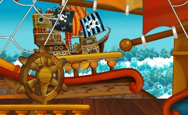 karikatür sahne ile korsan gemisi yelken deniz-sahne güverte-çocuklar için Illustration