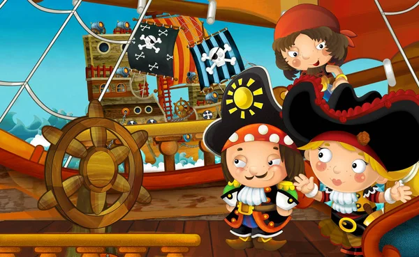 Cartoon Scene Pirate Ship Sailing Sea Pirate Deck Illustration Children — Stock Photo, Image