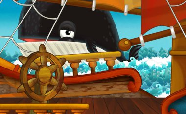 çizgi film sahne ile deniz ve balina hayvan yelken korsan gemi güverte ile gemi - çocuklar için illüstrasyon yakınındaki yüzüyor