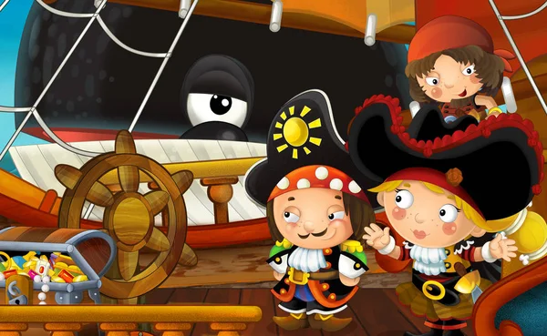 cartoon scene with pirate ship sailing through the sea with whale swimming near the ship - pirates on the deck - illustration for children