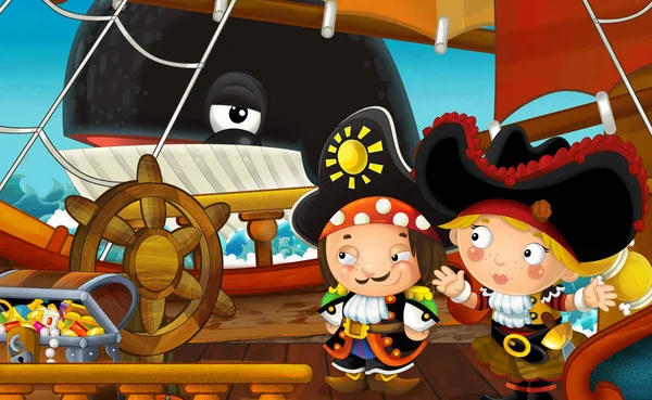 Escena Dibujos Animados Con Barco Pirata Navegando Través Del Mar —  Fotos de Stock