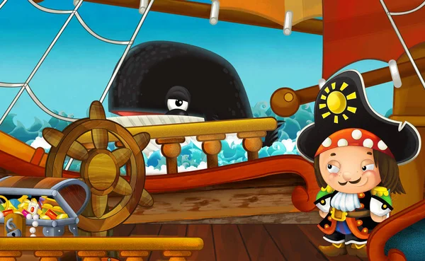 Мультяшная Сцена Пиратским Кораблем Плывущим Морю Китом Плавающим Рядом Кораблем — стоковое фото