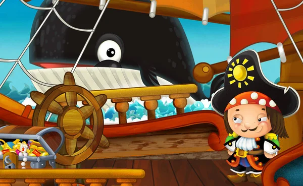 cartoon scene with pirate ship sailing through the sea with whale swimming near the ship - pirate on the deck - illustration for children