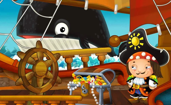 Scena Del Cartone Animato Con Nave Pirata Che Naviga Attraverso — Foto Stock