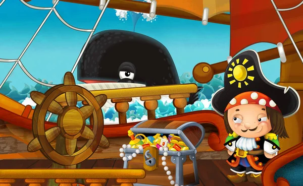 cartoon scene with pirate ship sailing through the sea with whale swimming near the ship - pirate on the deck - illustration for children