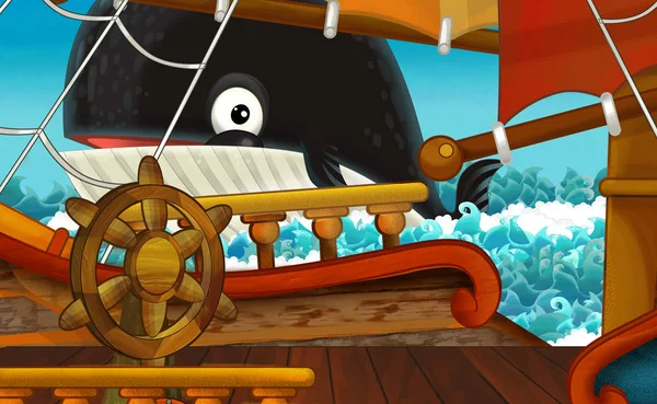 Cena Dos Desenhos Animados Com Deck Navio Pirata Navegando Pelo — Fotografia de Stock