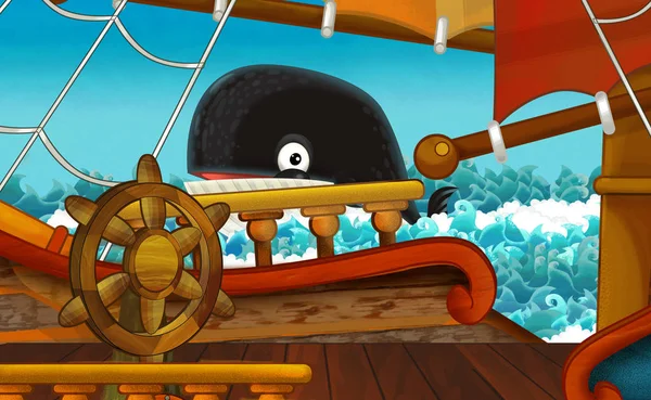 Мультяшная Сцена Палубой Пиратского Корабля Плывущего Морю Китовое Животное Плавает — стоковое фото