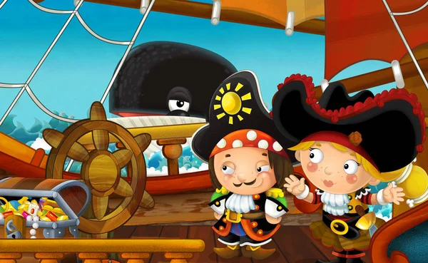 Cartoon Scene Pirate Ship Sailing Sea Whale Swimming Ship Pirates — Stock Photo, Image