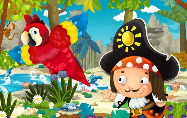 Cartoon scene with parrot bird in the jungle with running pirate - illustration for children