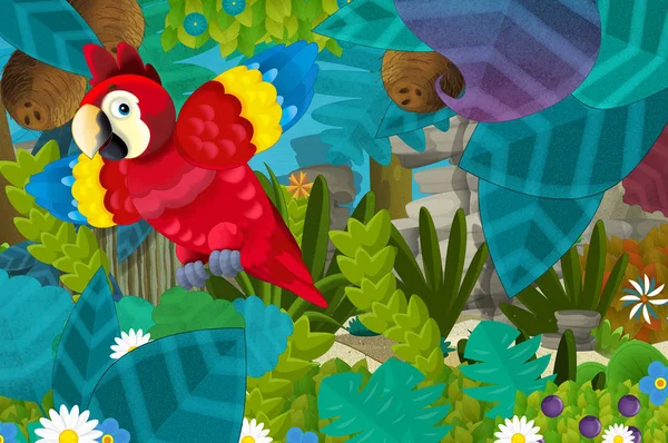 Cartoon scene with parrot bird in the jungle - illustration for children