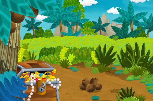 cartoon scene with treasure in the jungle - illustration for children