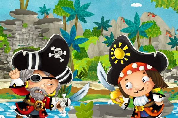 Escena Dibujos Animados Con Piratas Luchando Selva Duelo Ilustración Para —  Fotos de Stock