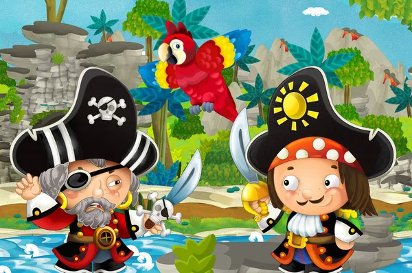 Escena de dibujos animados con piratas luchando en la selva - duelo - ilustración para niños —  Fotos de Stock