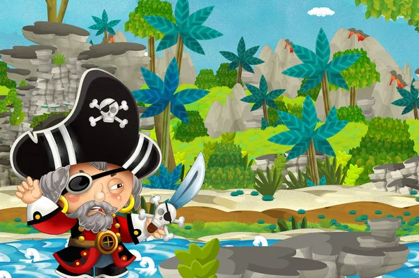 Scène Dessin Animé Avec Pirate Dans Jungle Illustration Pour Enfants — Photo