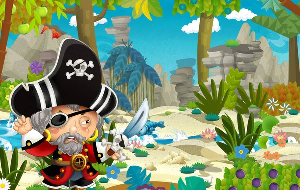 cartoon scene with pirate in the jungle - illustration for children