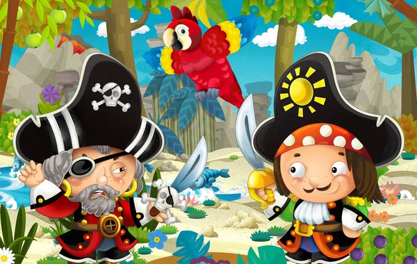 cartoon scene with pirates fighting in the jungle - duel - illustration for children