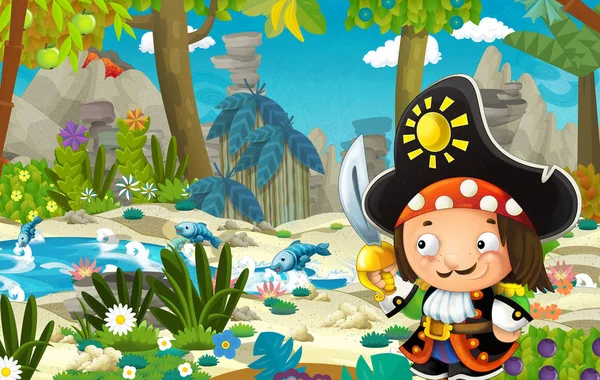 cartoon scene with pirate in the jungle - illustration for children