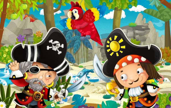Cartoon scene with pirates fighting in the jungle - duel - illustration for children — Stock Photo, Image