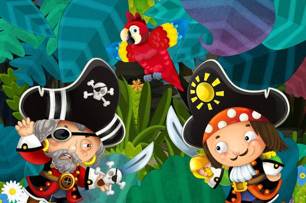 cartoon scene with pirates fighting in the jungle - duel - illustration for children