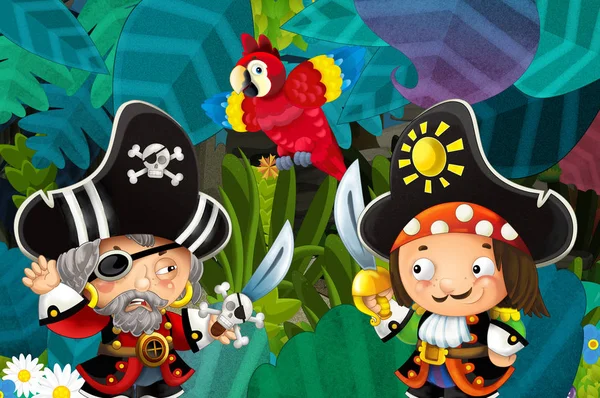 cartoon scene with pirates fighting in the jungle - duel - illustration for children