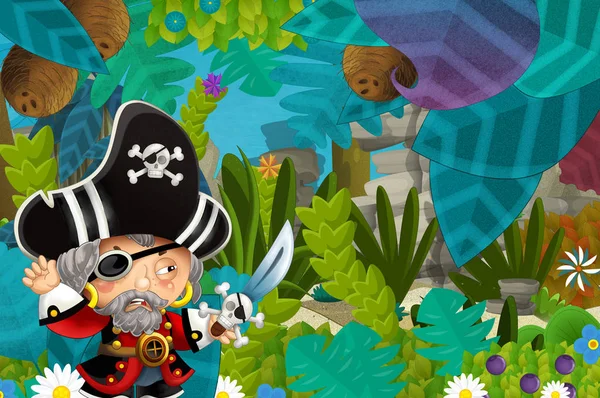 cartoon scene with pirate in the jungle - illustration for children
