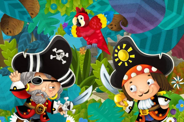 Zeichentrickszene mit Piraten im Dschungel - Duell - Illustration für Kinder — Stockfoto