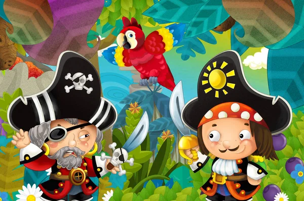 Escena de dibujos animados con piratas luchando en la selva - duelo - ilustración para niños —  Fotos de Stock