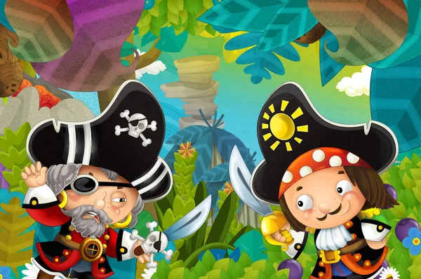 Escena Dibujos Animados Con Piratas Luchando Selva Duelo Ilustración Para — Foto de Stock