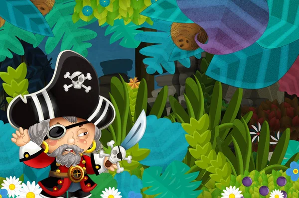 cartoon scene with pirate in the jungle - illustration for children