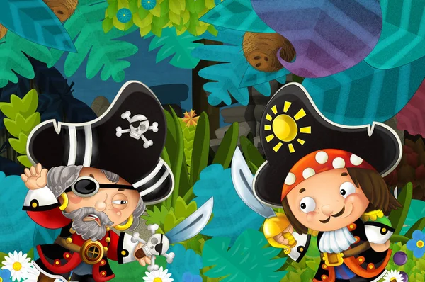 cartoon scene with pirates fighting in the jungle - duel - illustration for children