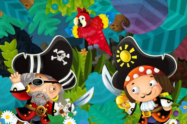 cartoon scene with pirates fighting in the jungle - duel - illustration for children