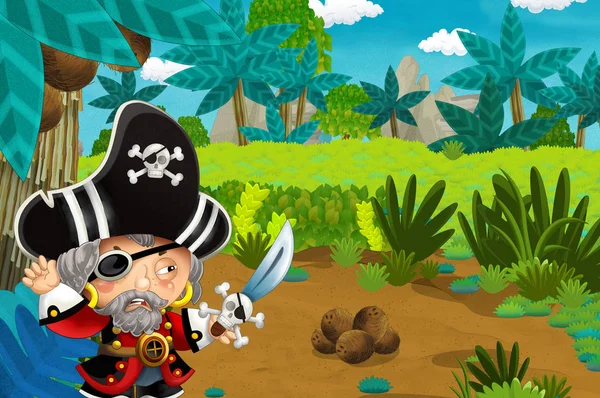 Scène Dessin Animé Avec Pirate Dans Jungle Illustration Pour Enfants — Photo