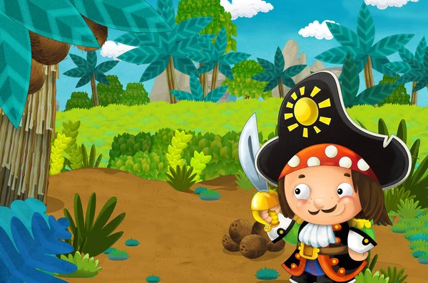 cartoon scene with pirate in the jungle - illustration for children