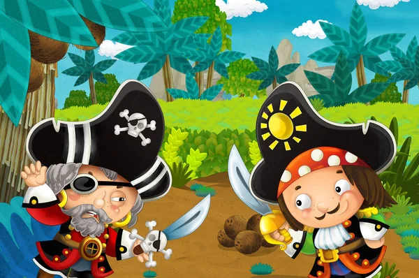 cartoon scene with pirates fighting in the jungle - duel - illustration for children